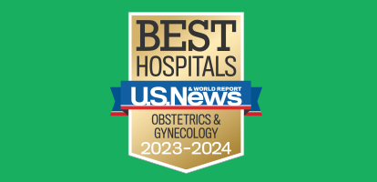 A graphic with a U.S. News: Best Hospitals - Obstetrics & Gynecology 2023-24 badge on a AHN green background.